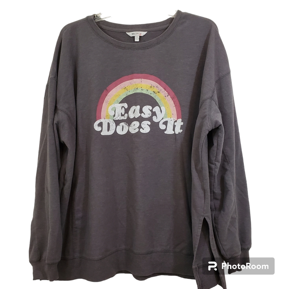 Wildfox Sweatshirt Easy Does It Rainbow Graphic Grey Lounge Boho Casual Size XXL